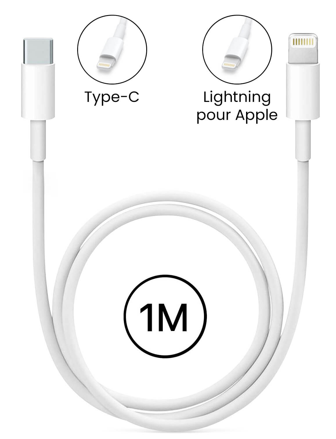 Câble USB Type-C vers Lightning 2m 20W 3A - Blanc
