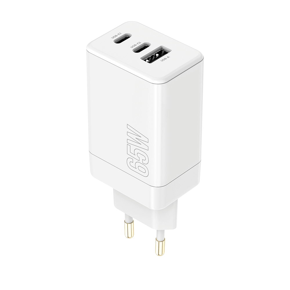 Chargeur USB-C 65W avec deux ports USB-C et un port USB - Blanc
