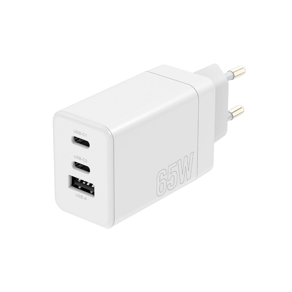 Chargeur USB-C 65W avec deux ports USB-C et un port USB - Blanc