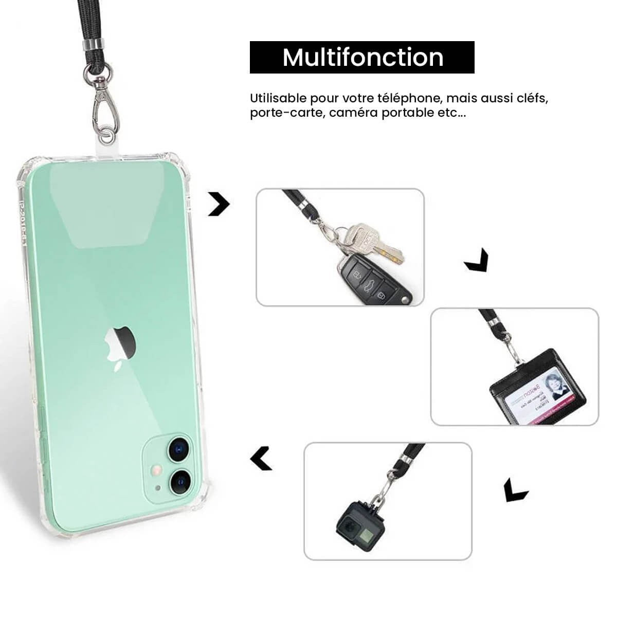 Cordon téléphone en nylon tressé 80cm réglable Noir