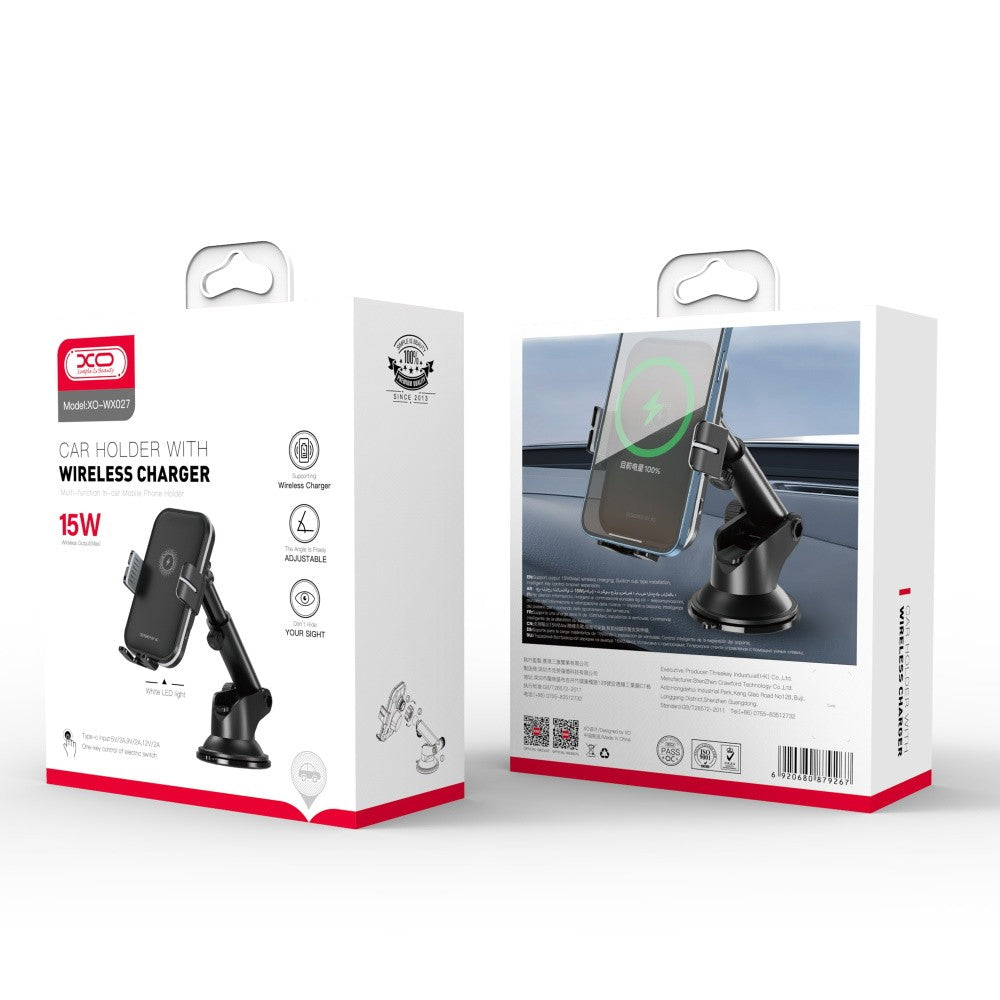 XO support voiture WX027 with wireless inductive charger noir 15W with suction cup