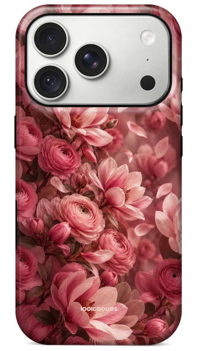 Coque Prestige Blush vue de dos : une cascade de renoncules rose poudré