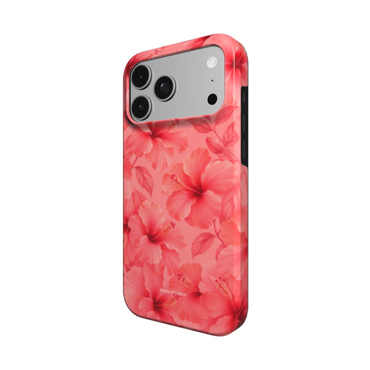 Coque Prestige Hibiscus vue de trois quarts, avec le rebord de la coque
