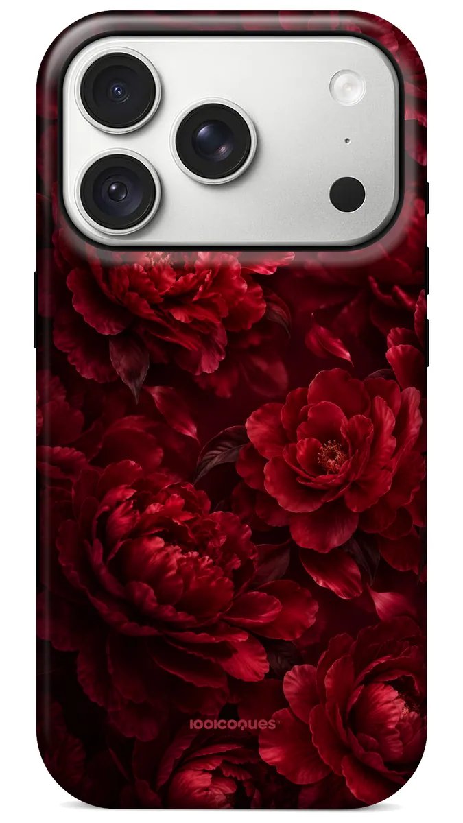 Coque Prestige Carmin vue de dos : un bouquet de pivoines rouge carmin