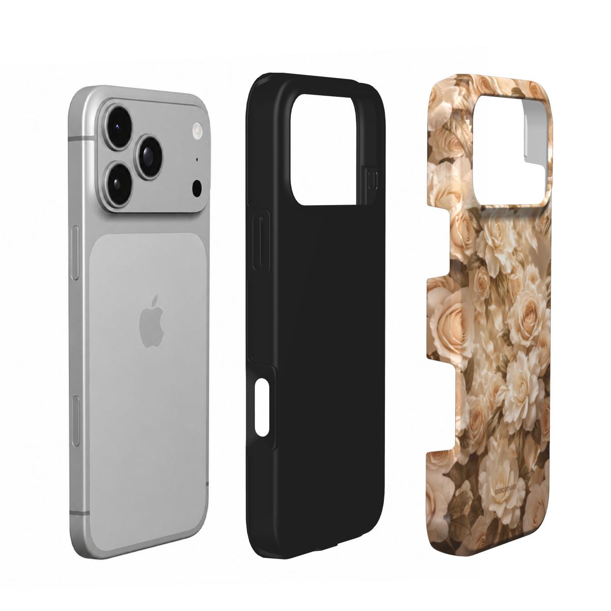 Coque Prestige Champagne en vue éclatée : téléphone, couche intérieure souple et coque extérieure imprimée