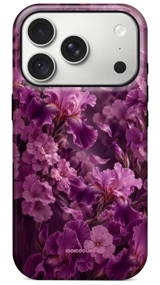 Coque Prestige Lilas vue de dos : des iris violets en pleine floraison