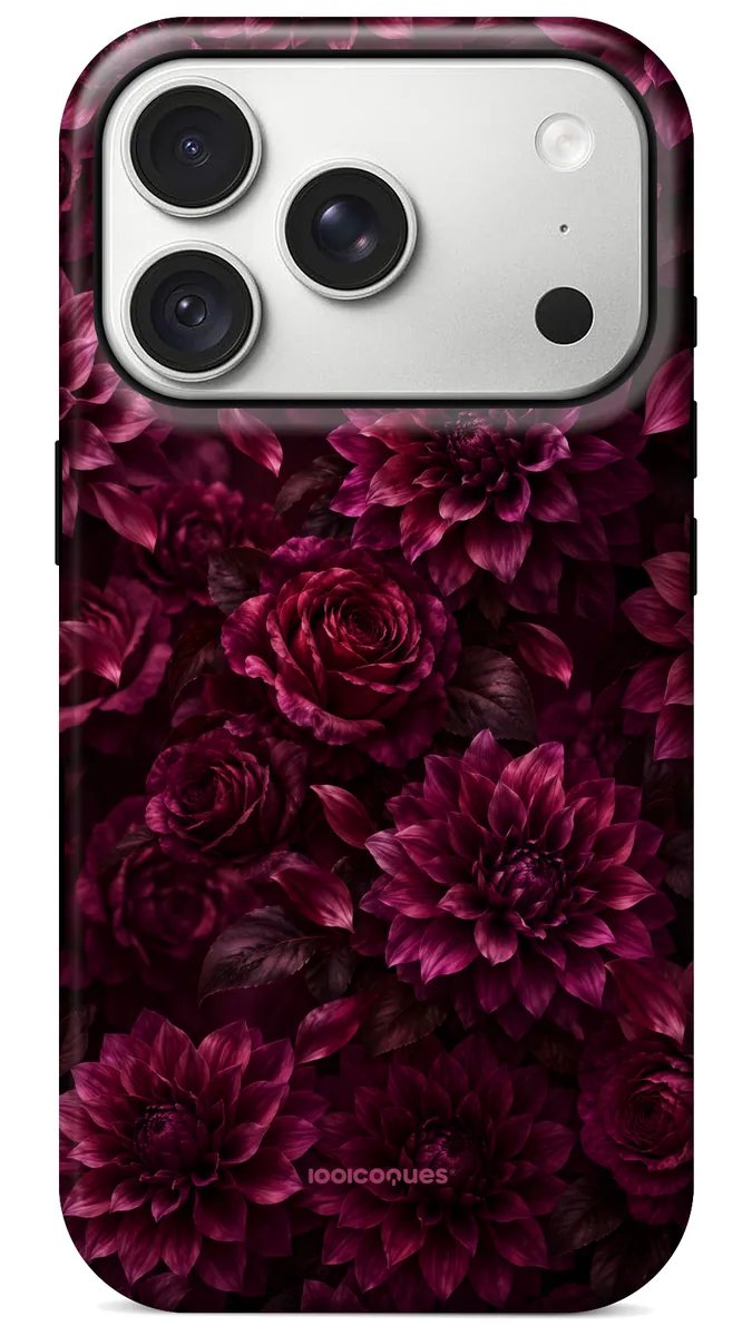 Coque Prestige Prune vue de dos : des dahlias couleur prune et framboise