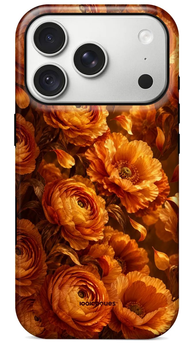 Coque Prestige Safran vue de dos : des renoncules orange safran baignées de lumière