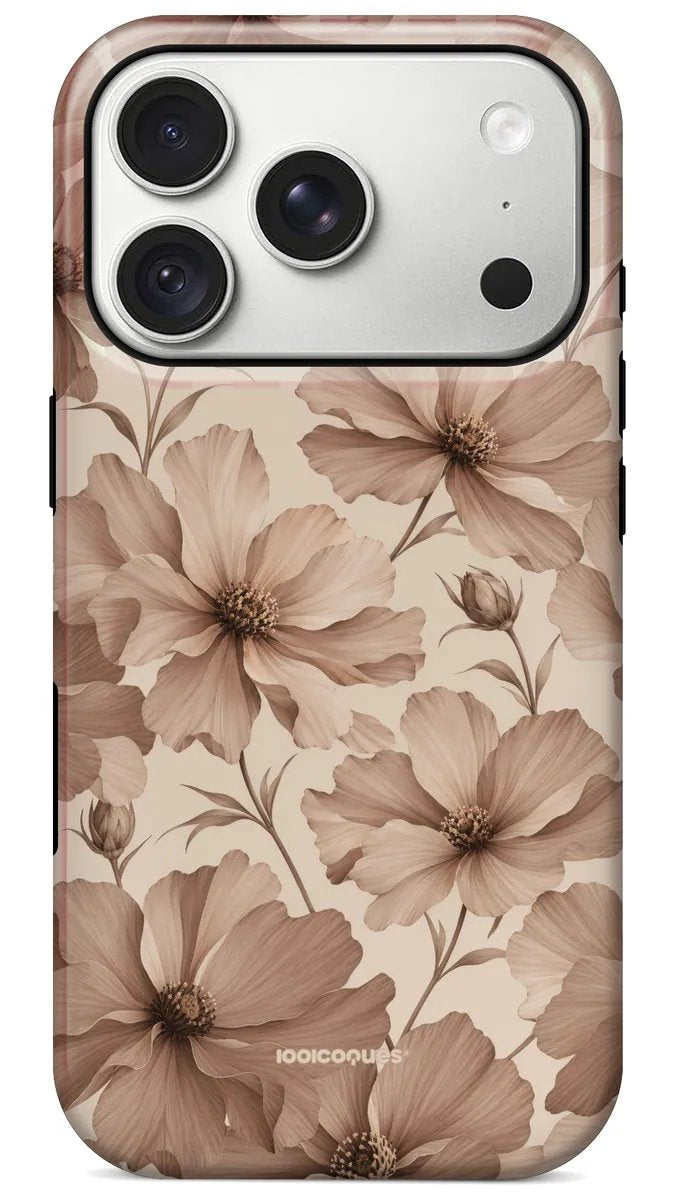 Coque Prestige Sable vue de dos : des fleurs de cosmos aux tons sable et taupe