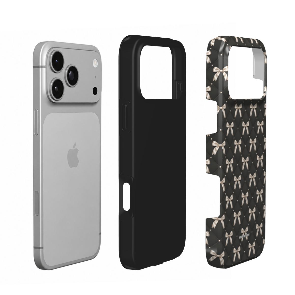 Coque Prestige Nœuds Nuit en vue éclatée : téléphone, couche intérieure souple et coque extérieure imprimée