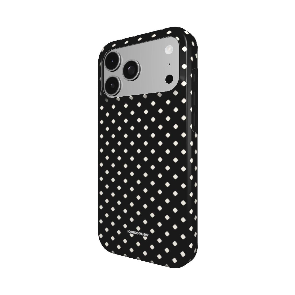 Coque Prestige Pois Noir vue de trois quarts, avec le rebord de la coque