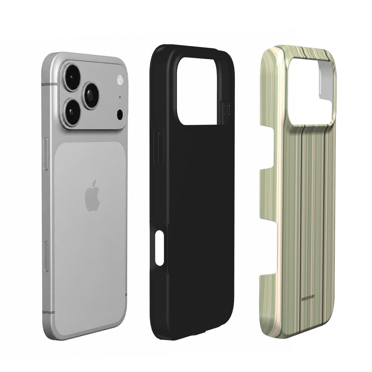 Coque Prestige Sauge Fine en vue éclatée : téléphone, couche intérieure souple et coque extérieure imprimée