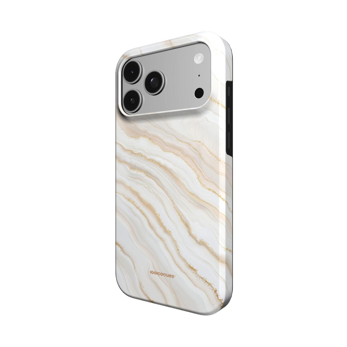 Coque Prestige Albâtre vue de trois quarts, avec le rebord de la coque
