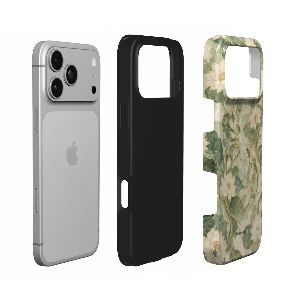Coque Prestige Jade en vue éclatée : téléphone, couche intérieure souple et coque extérieure imprimée