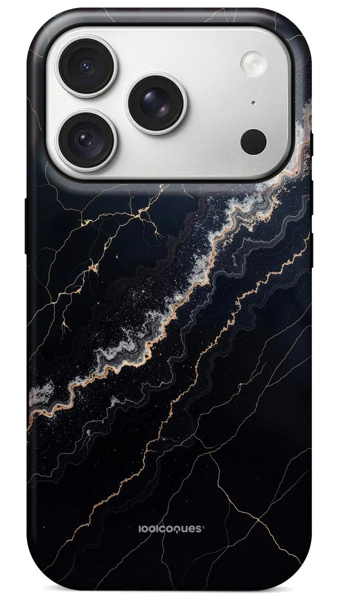 Coque Prestige Orage vue de dos : un marbre noir zébré de fines veines dorées