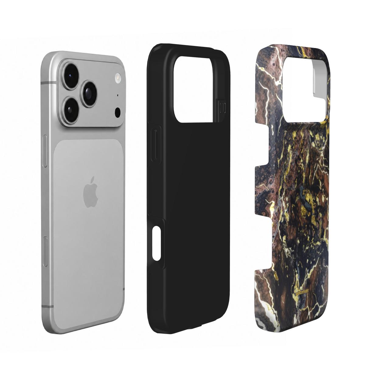 Coque Prestige Pyrite en vue éclatée : téléphone, couche intérieure souple et coque extérieure imprimée