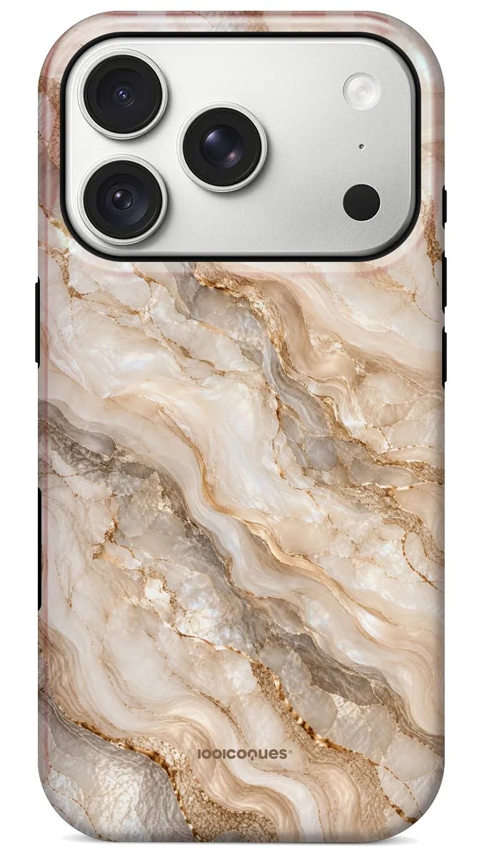 Coque Prestige Travertin vue de dos : les strates crème et dorées du travertin