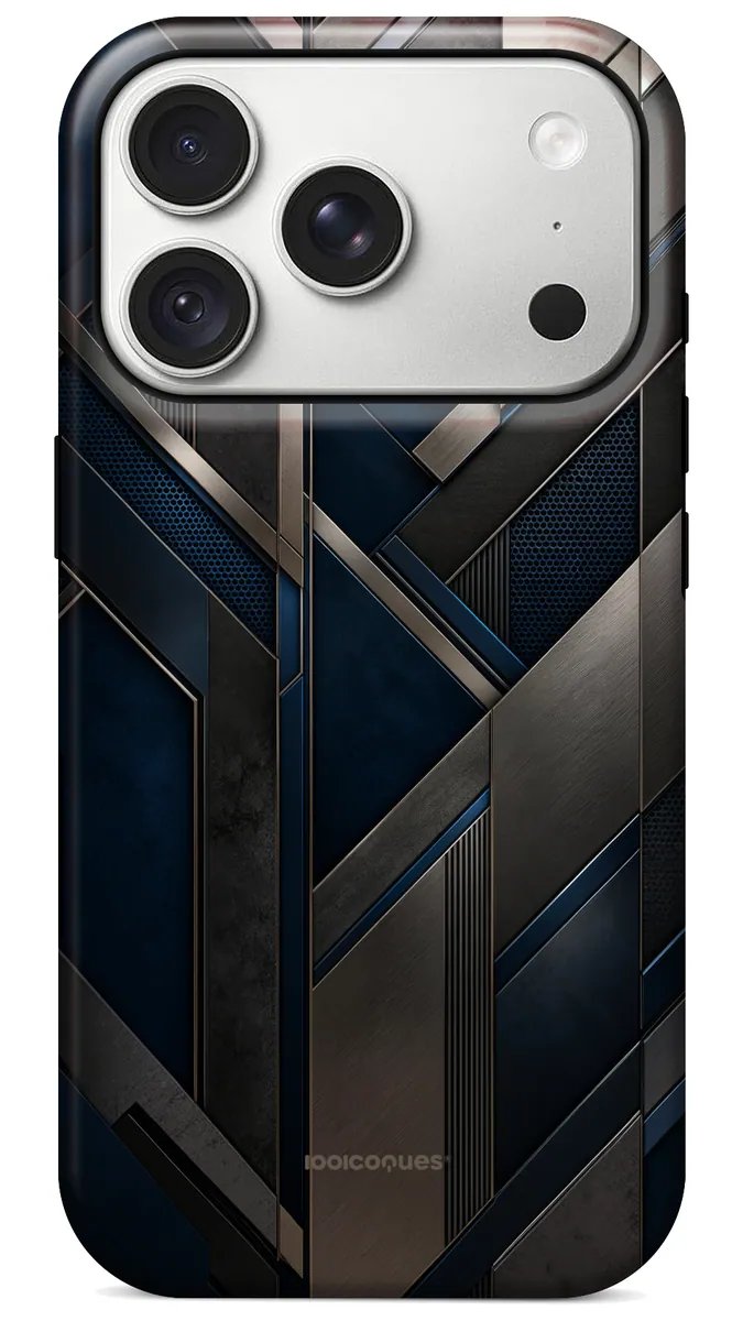 Coque Prestige Acier vue de dos : des plaques géométriques acier et bleu nuit