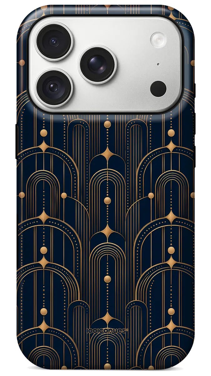 Coque Prestige Deco Nuit vue de dos : des arches Art déco dorées sur fond bleu nuit