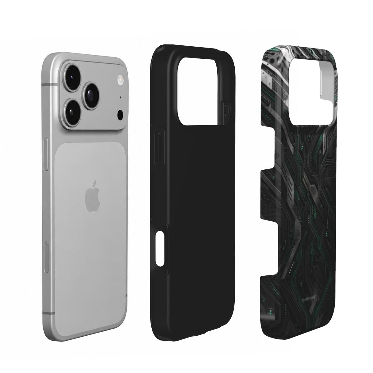 Coque Prestige Circuit en vue éclatée : téléphone, couche intérieure souple et coque extérieure imprimée