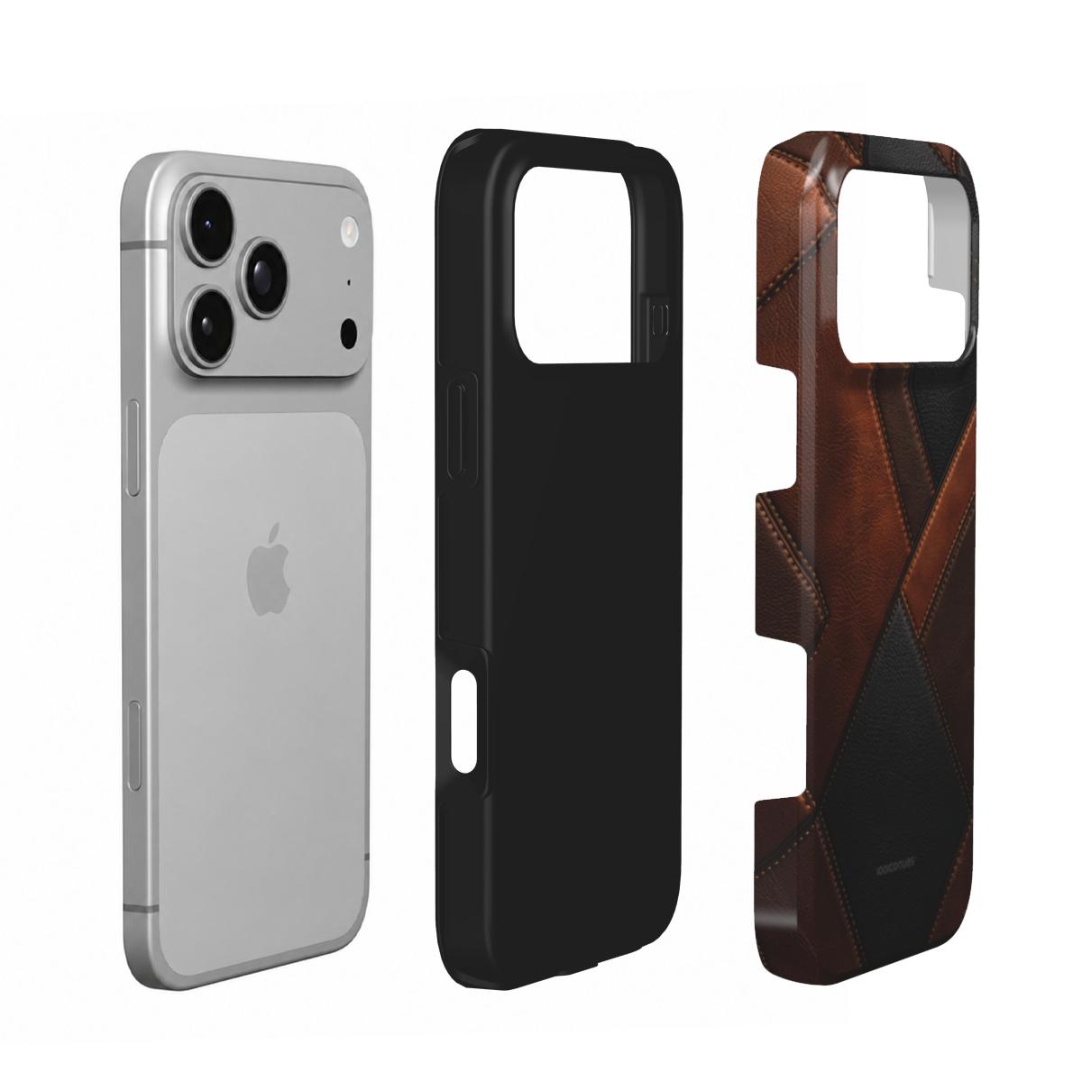 Coque Prestige Cuir en vue éclatée : téléphone, couche intérieure souple et coque extérieure imprimée