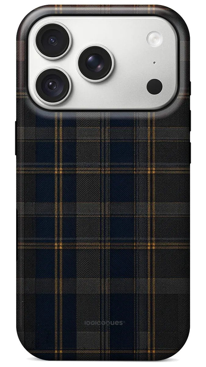 Coque Prestige Highland vue de dos : un tartan écossais gris anthracite et bleu nuit