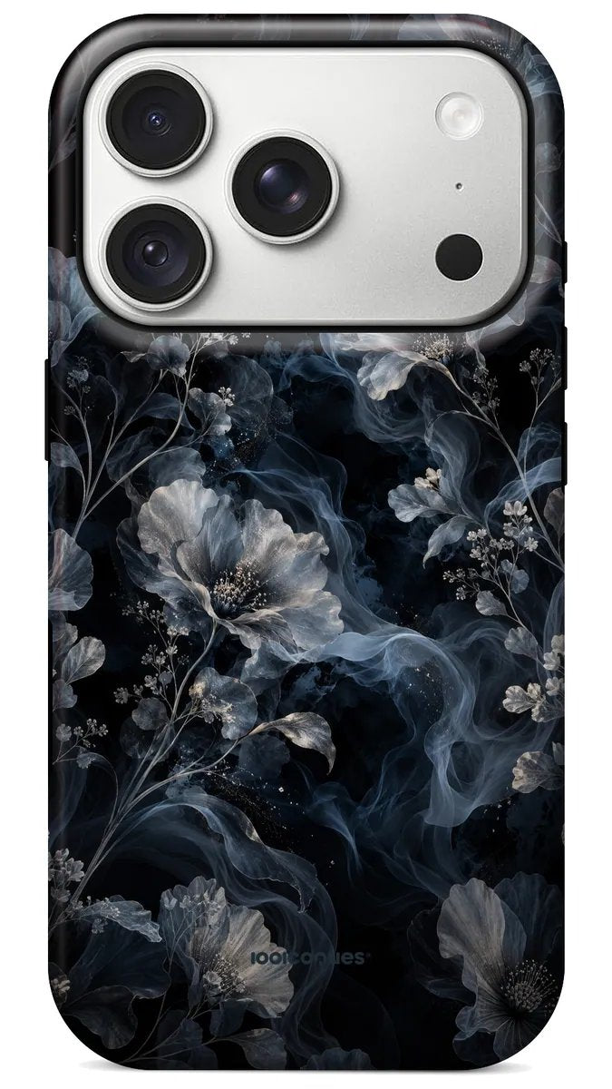 Coque Prestige Fumée vue de dos : des fleurs bleu-gris enveloppées de fumée sur fond noir