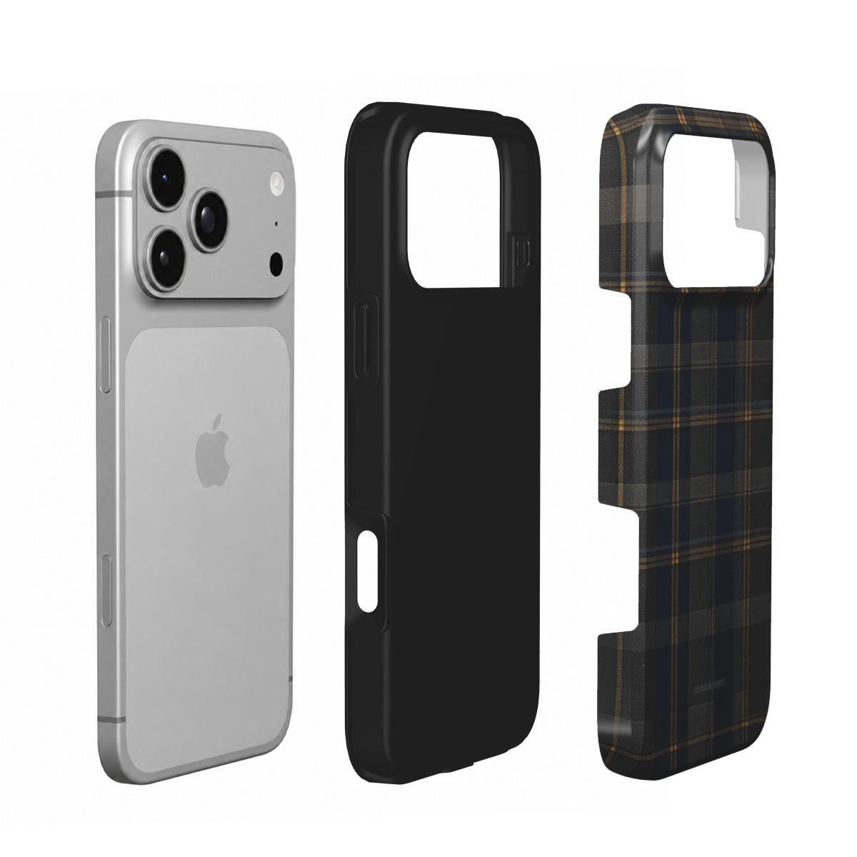 Coque Prestige Highland en vue éclatée : téléphone, couche intérieure souple et coque extérieure imprimée