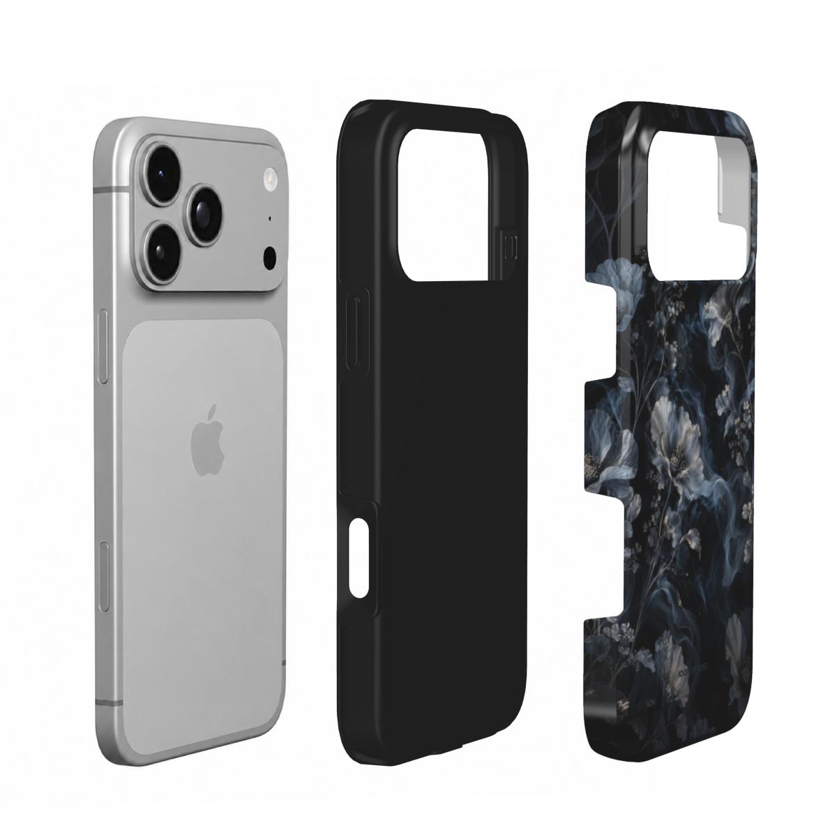 Coque Prestige Fumée en vue éclatée : téléphone, couche intérieure souple et coque extérieure imprimée