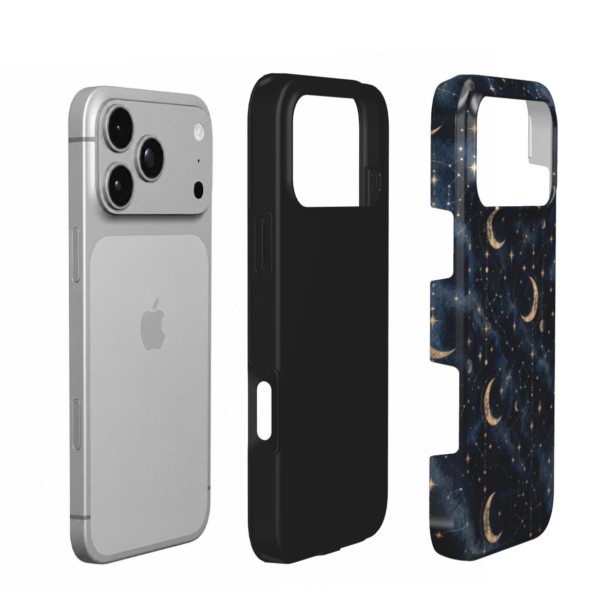 Coque Prestige Luna en vue éclatée : téléphone, couche intérieure souple et coque extérieure imprimée