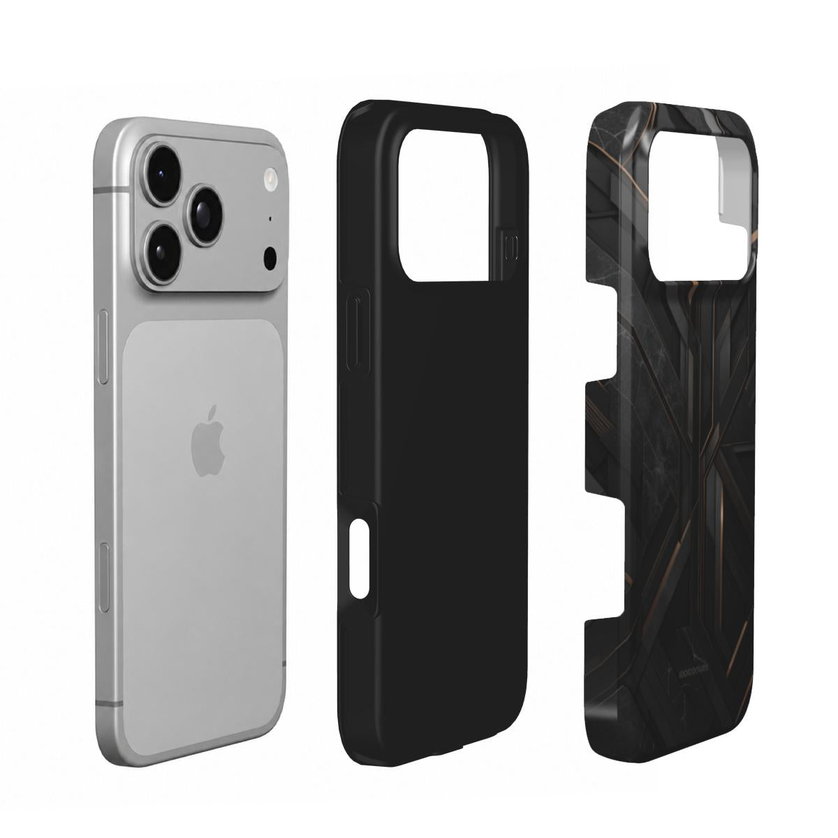 Coque Prestige Obsidienne en vue éclatée : téléphone, couche intérieure souple et coque extérieure imprimée