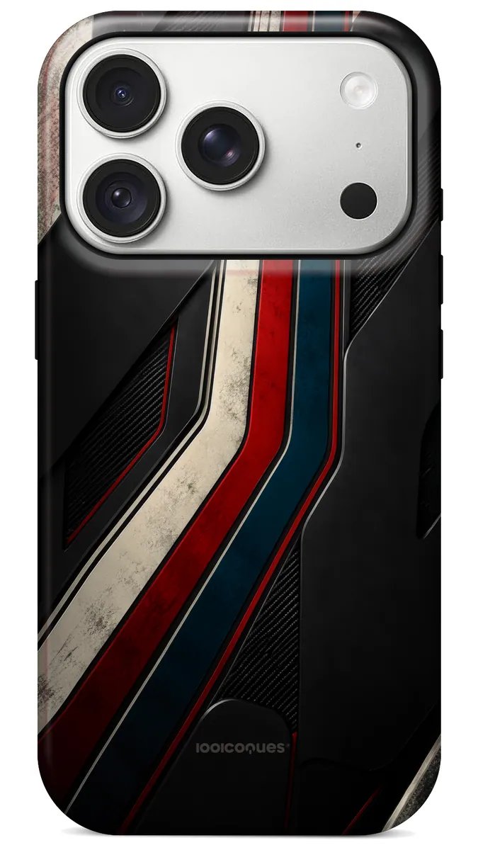 Coque Prestige Racing vue de dos : des bandes rouge et bleu sur fond noir