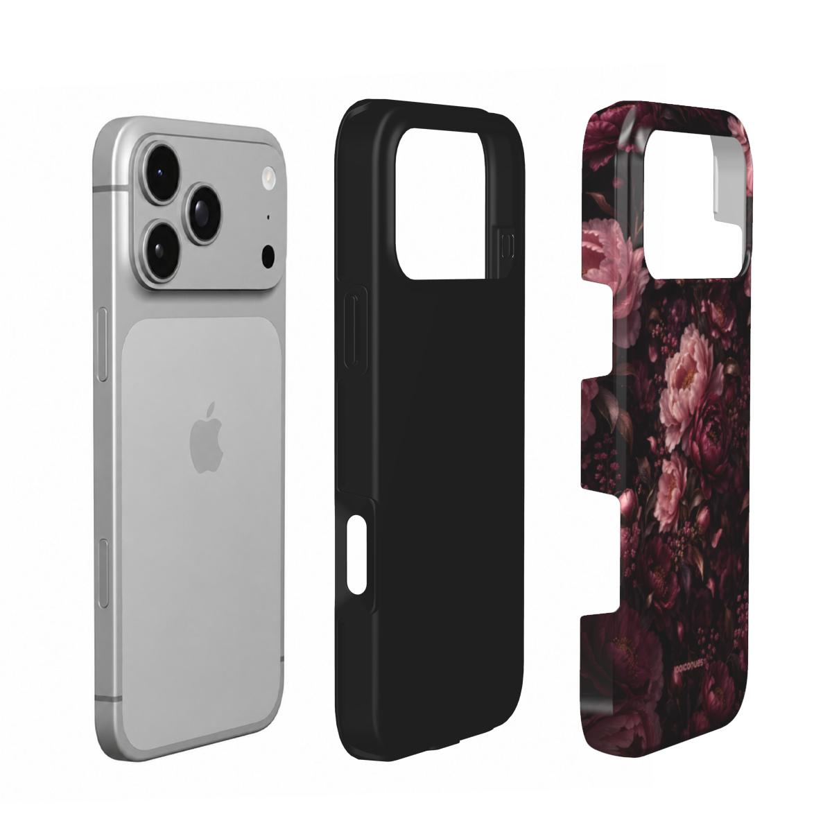 Coque Prestige Velours en vue éclatée : téléphone, couche intérieure souple et coque extérieure imprimée