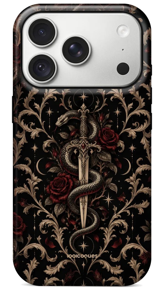 Coque Prestige Venin vue de dos : un serpent enroulé autour d'une dague