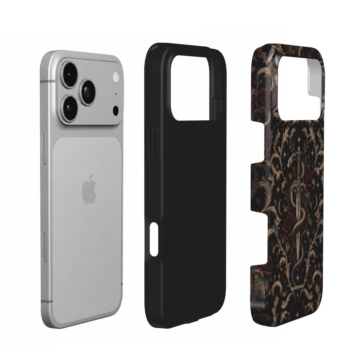Coque Prestige Venin en vue éclatée : téléphone, couche intérieure souple et coque extérieure imprimée