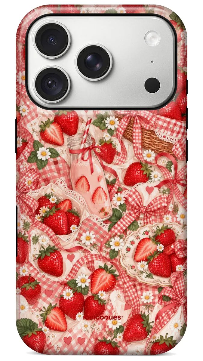 Coque Prestige Fraise vue de dos : des fraises et des rubans vichy rose