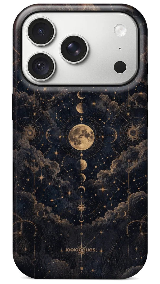 Coque Prestige Éclipse vue de dos : les phases de la lune au milieu des nuages et des étoiles