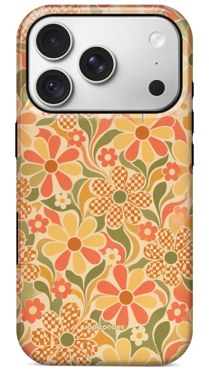 Coque Prestige Marguerite vue de dos : des marguerites corail et jaunes aux motifs vichy