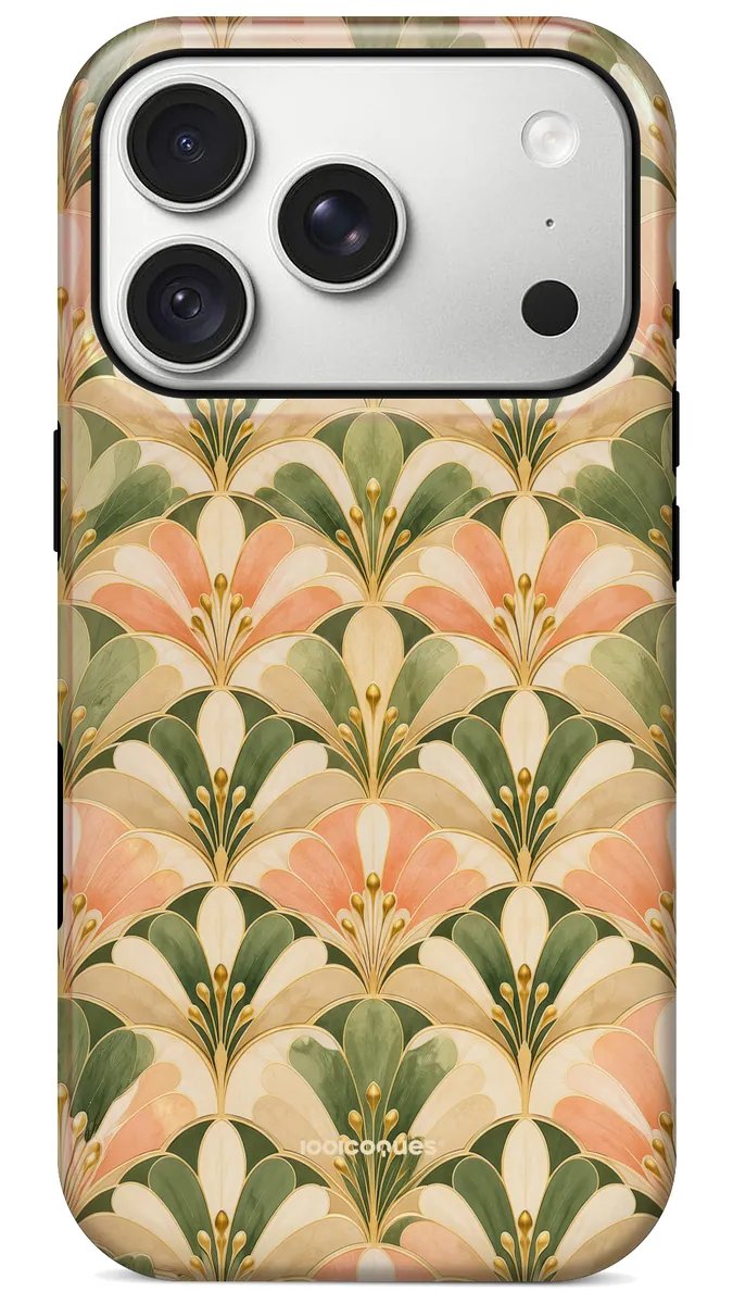 Coque Prestige Palmette vue de dos : des palmettes vert sauge et pêche en éventail