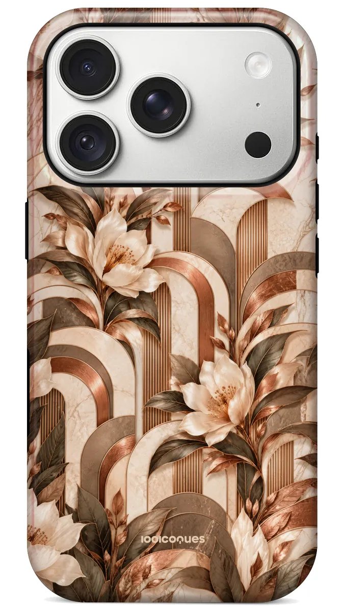 Coque Prestige Palmier vue de dos : des palmes et des fleurs aux tons caramel et crème