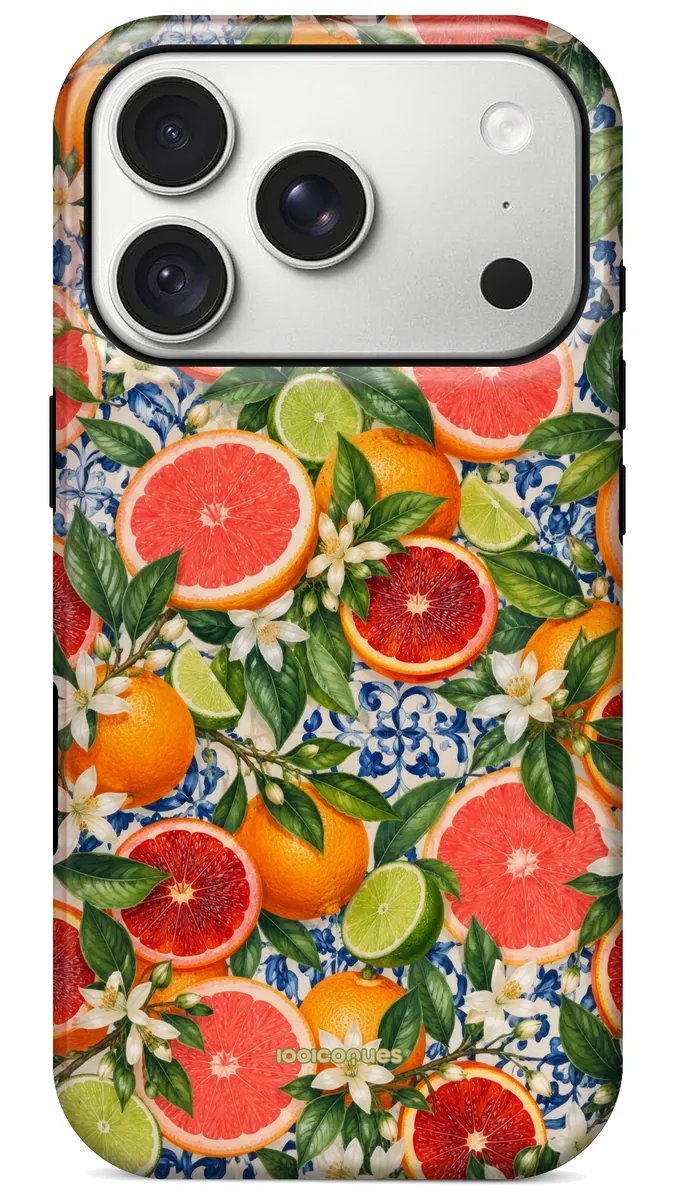 Coque Prestige Agrumes vue de dos : des pamplemousses, oranges et citrons verts sur des carreaux bleus