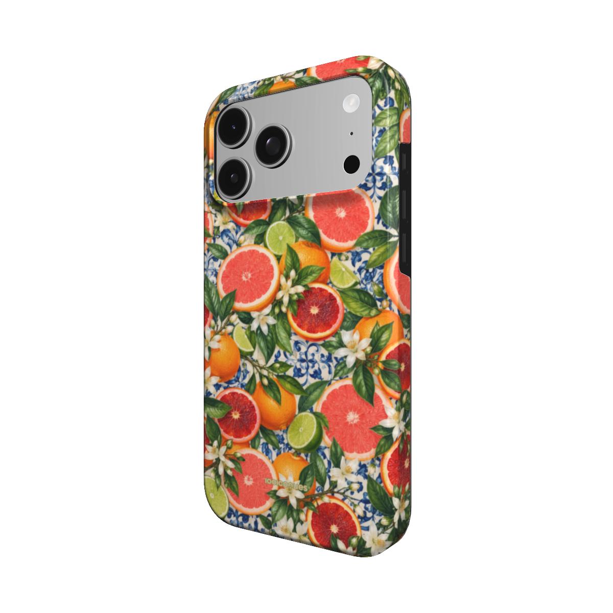 Coque Prestige Agrumes vue de trois quarts, avec le rebord de la coque
