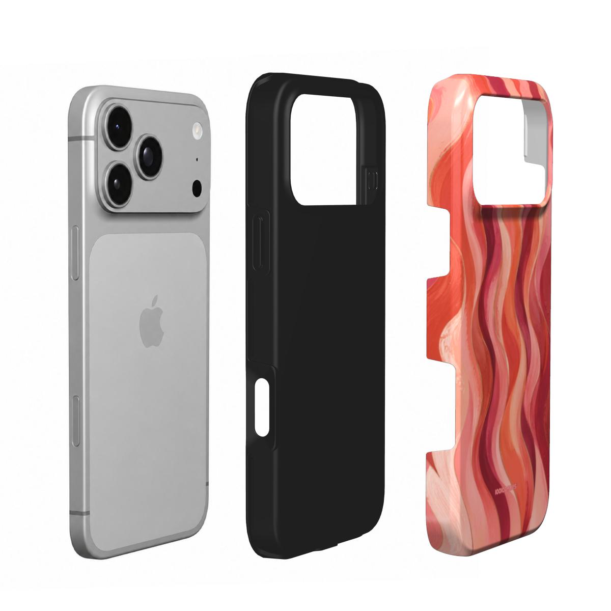 Coque Prestige Sorbet en vue éclatée : téléphone, couche intérieure souple et coque extérieure imprimée