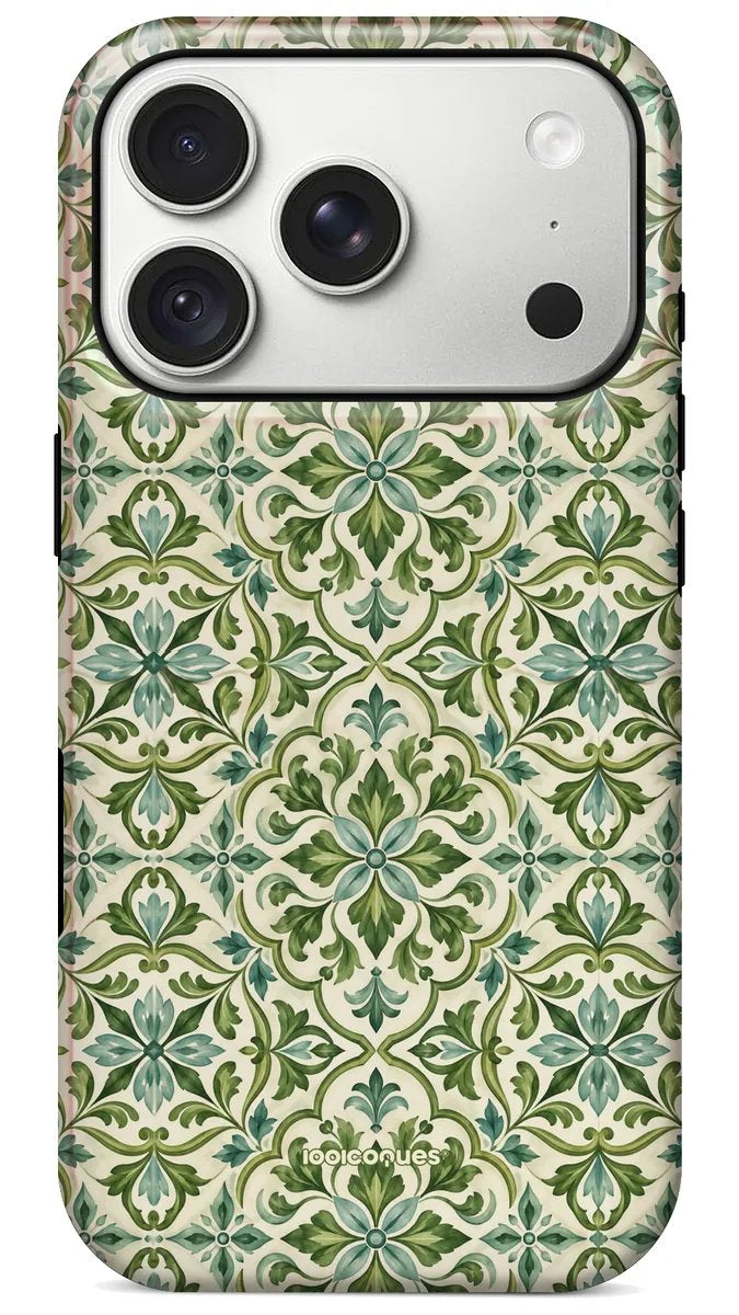 Coque Prestige Majolica vue de dos : des carreaux de majolique verts et crème