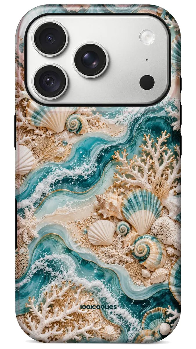 Coque Prestige Corail Bleu vue de dos : des vagues turquoise, des coquillages et du corail blanc