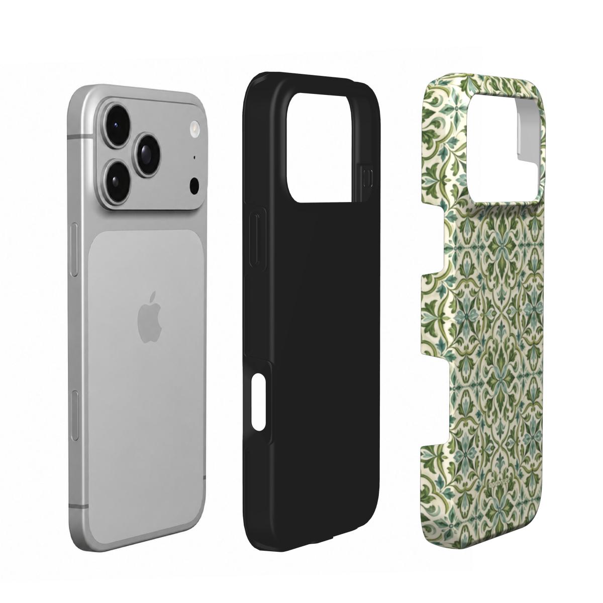 Coque Prestige Majolica en vue éclatée : téléphone, couche intérieure souple et coque extérieure imprimée