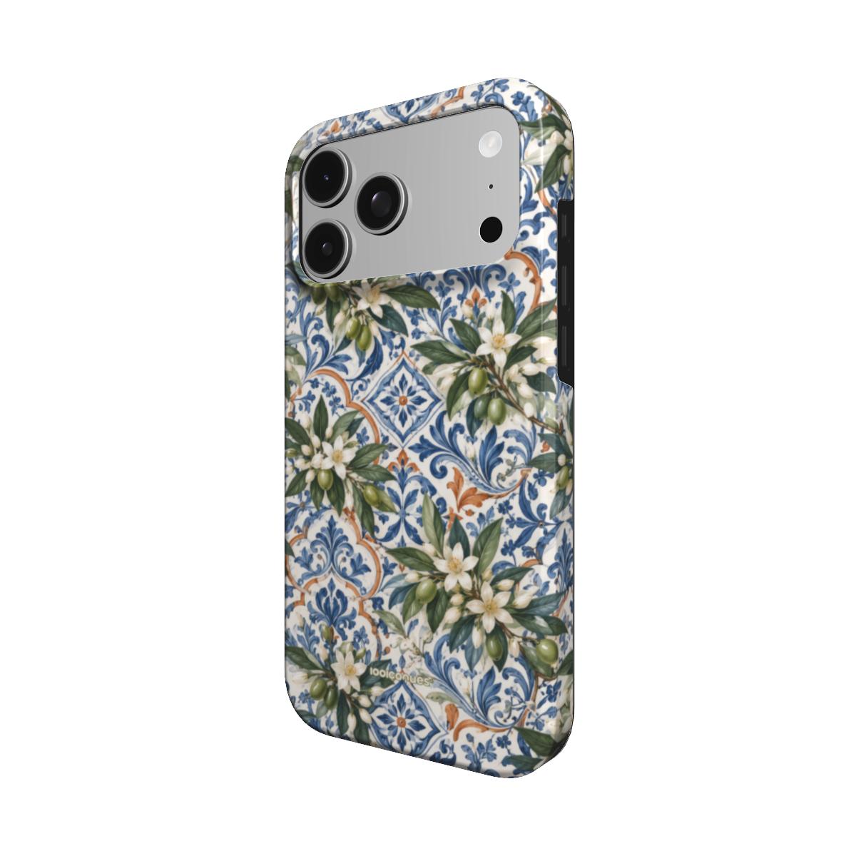 Coque Prestige Azulejo vue de trois quarts, avec le rebord de la coque