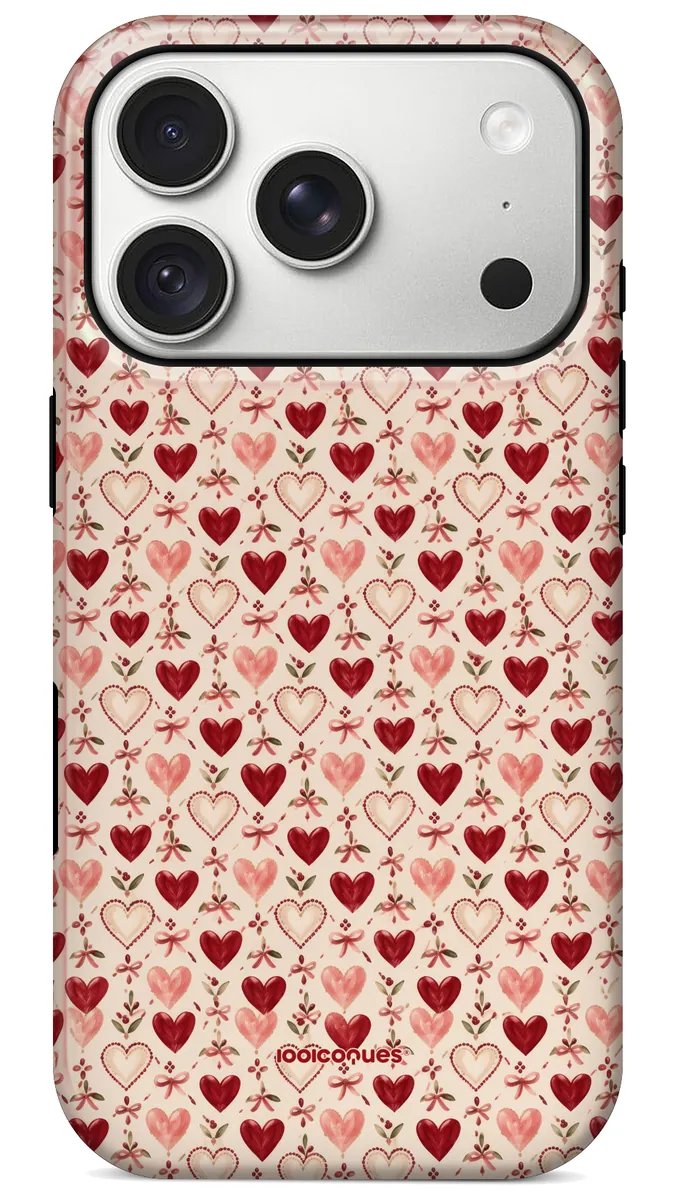 Coque Prestige Cupidon vue de dos : des cœurs rouges et roses sur fond crème