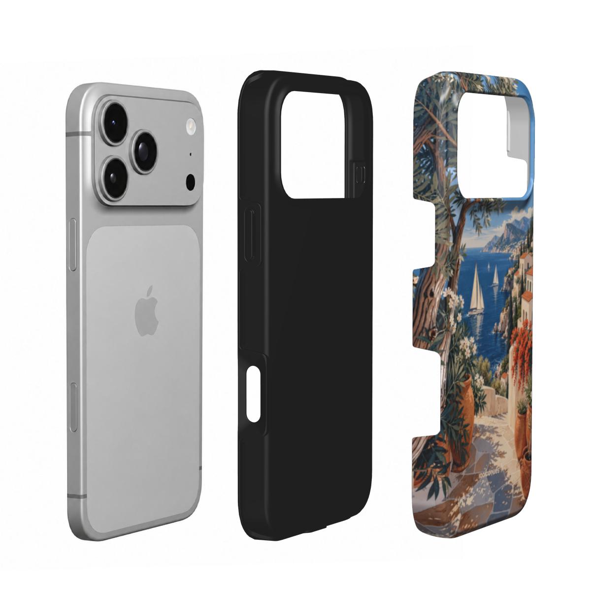 Coque Prestige Positano en vue éclatée : téléphone, couche intérieure souple et coque extérieure imprimée