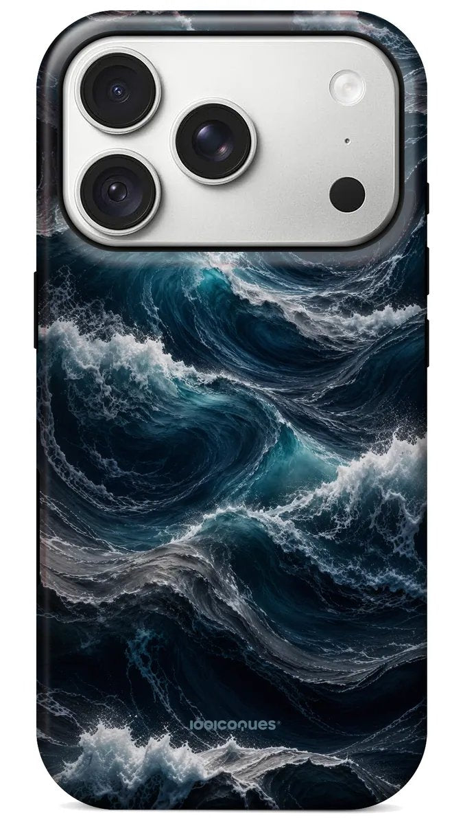 Coque Prestige Tempête vue de dos : des vagues bleu profond couronnées d'écume